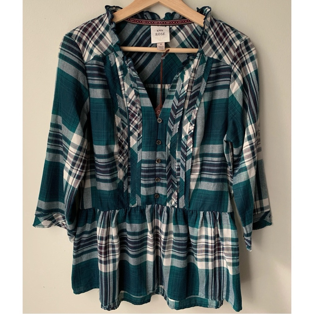 Knox Rose • M • Teal Green V Neck 3/4 Sleeve Plaid Peplum Top
